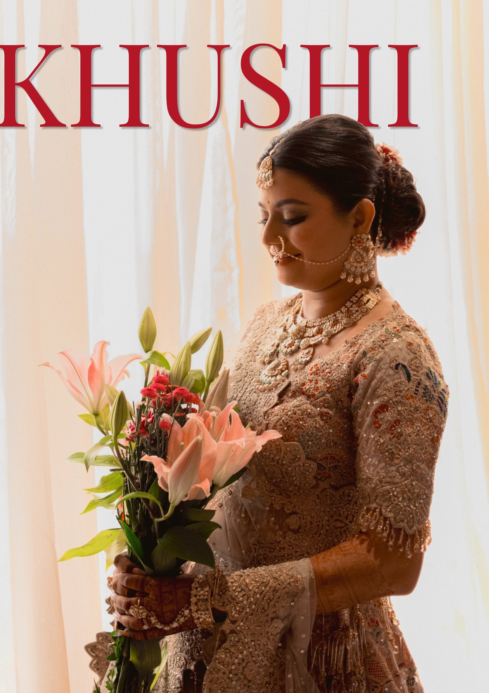 A bride holding a bouquet in warm window light